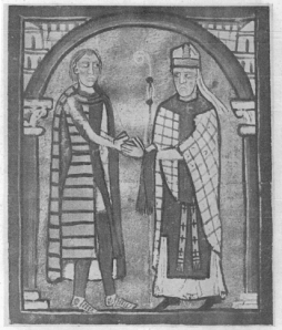 Bishop Ermengol of Urgell mistrusting a lay magnate doing homage to him, from the Liber Feudorum Maior